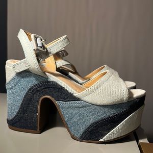 Denim Tri-colored wedge, worn once, tags on, size 7.5